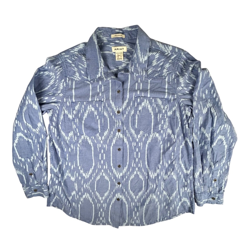 Ariat Billie Jean Blue Ikat Western Relaxed Button Down Shirt Womens L 10048993